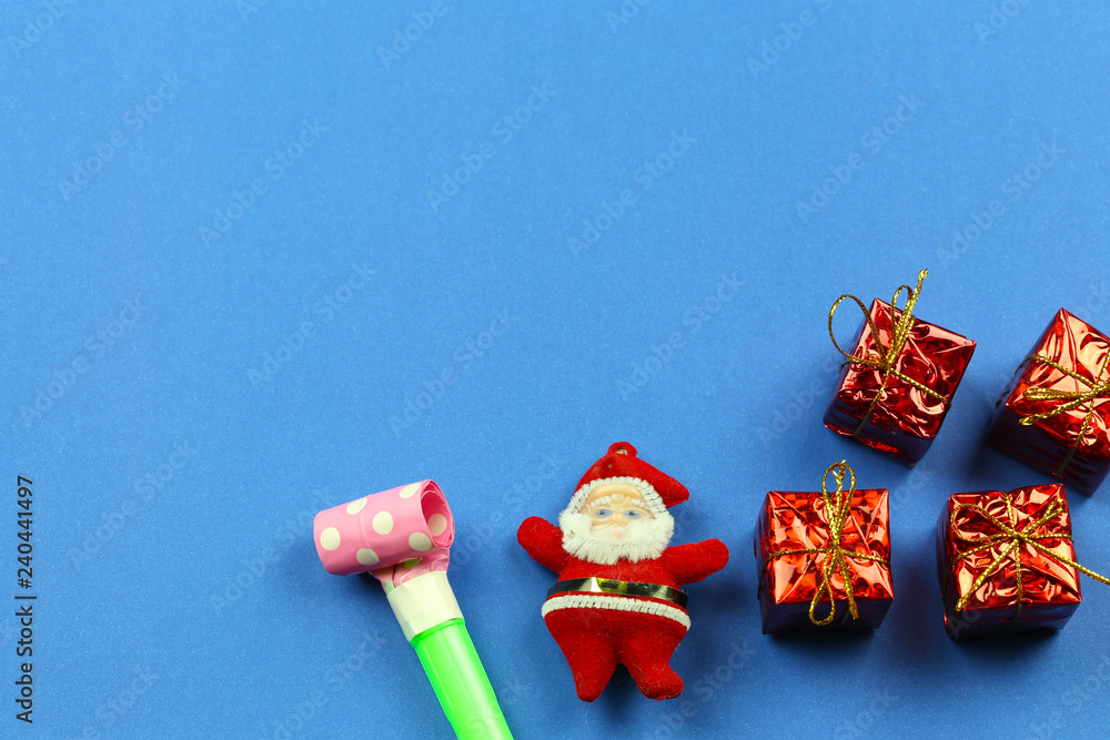 Christmas decorations on blue background and have copy space.