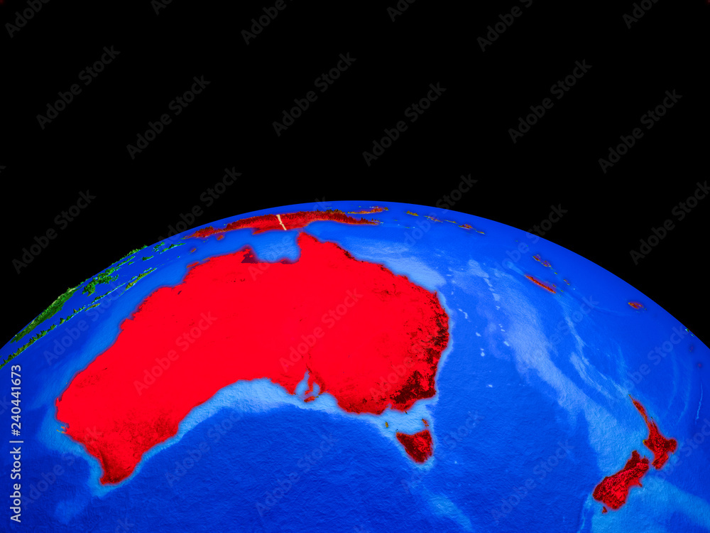 Australia on model of planet Earth with country borders and very detailed planet surface.