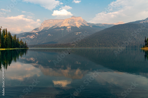 Sunset at Emerald Lake of Yoho National Park. A glacial lake part of the Canadian Rocky Mountains located at the edge of British Columbia and the boarder of Alberta. 