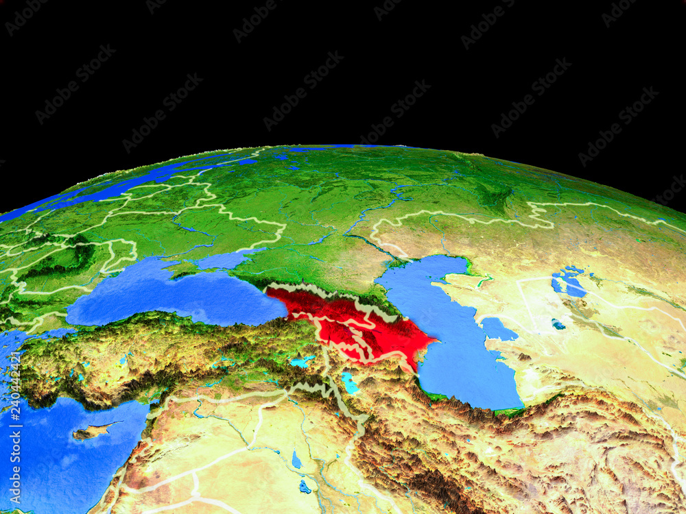 Caucasus region on model of planet Earth with country borders and very detailed planet surface.