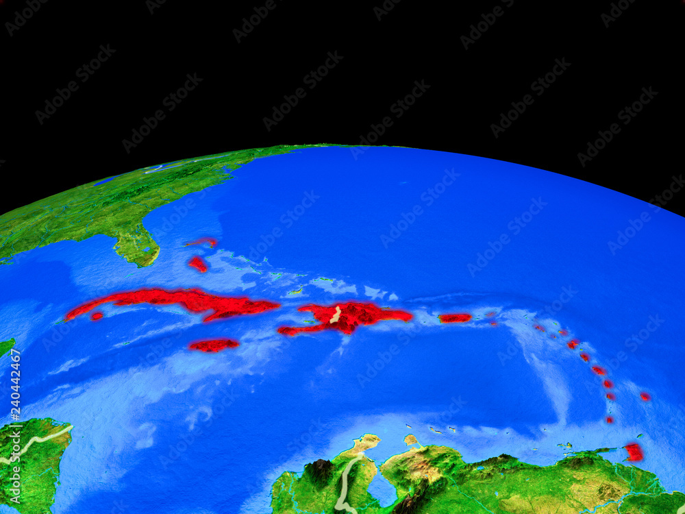 Caribbean on model of planet Earth with country borders and very detailed planet surface.