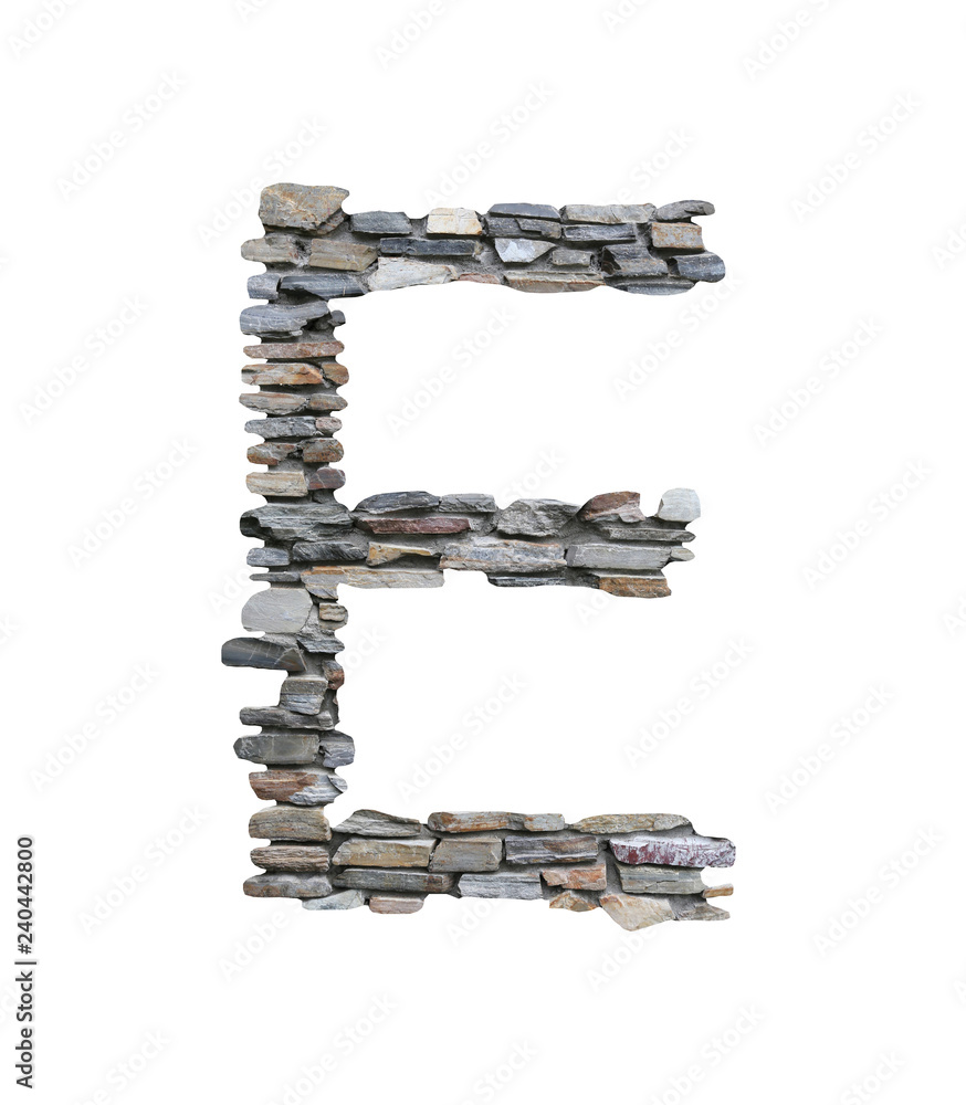 Font of E to create from stone wall isolated on white.
