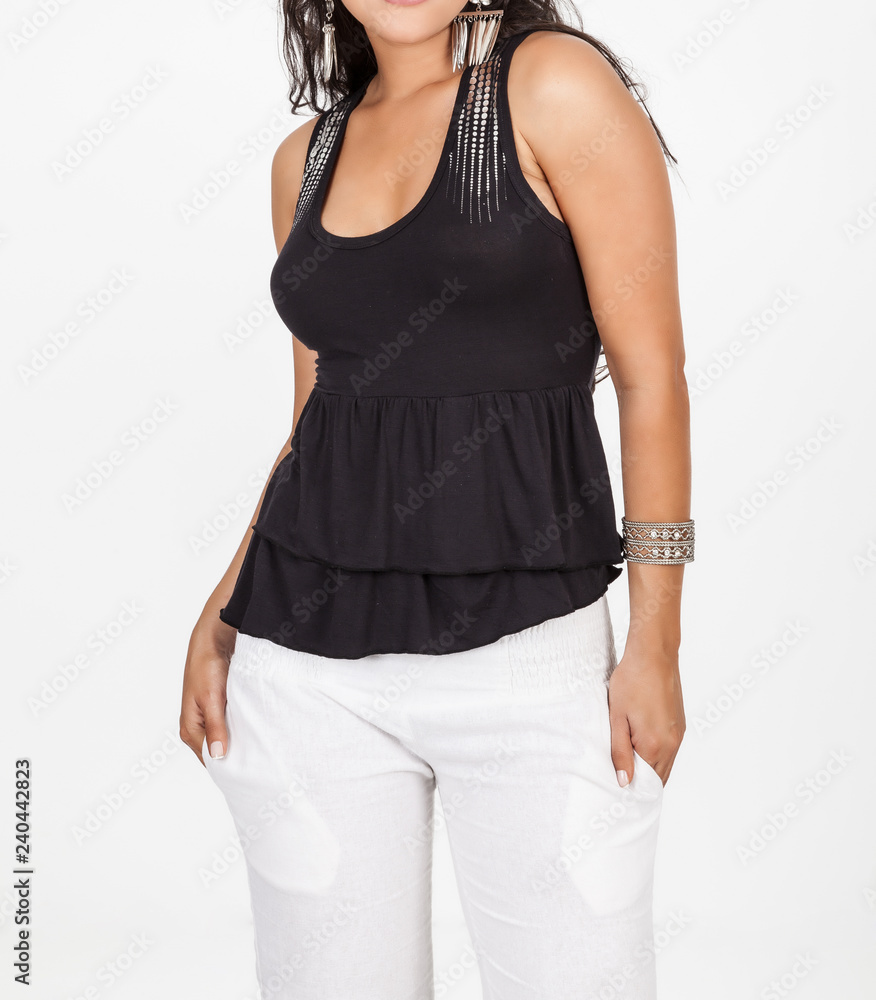 fashion, woman wearing a black blouse on a neutral background fashion, woman wearing a black blouse on a neutral background