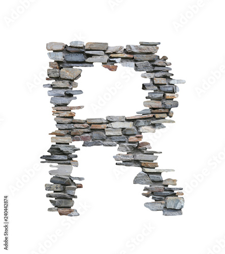 Font of R to create from stone wall isolated on white.
