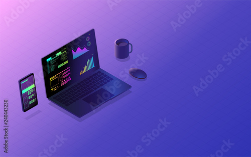 Mobile app interface development cross platform concept,  software, program, web page design and database processing.