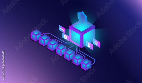 Blockchain new technology isometric concept, blocks connected each other ,digital crytocurrency, electronic cyber system. vector