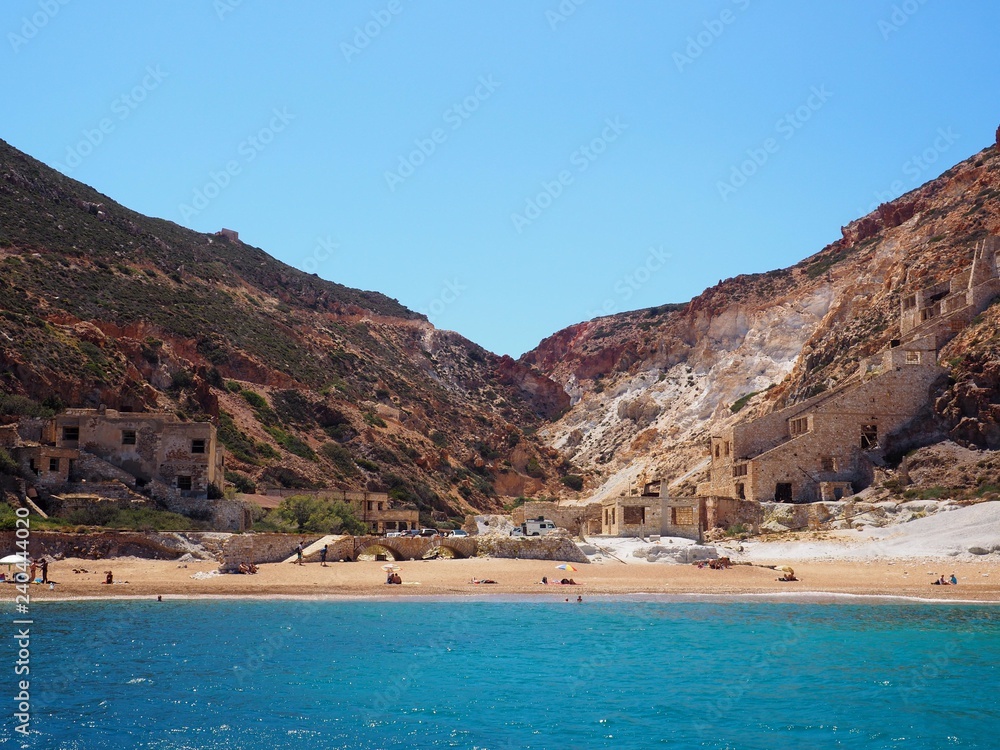 old mine site on shore of Milos, Greece