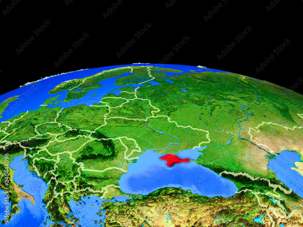 Crimea on model of planet Earth with country borders and very detailed planet surface.