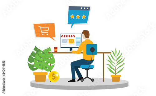 online shopping e-commerce man shop in front of computer screen to buy products online vector