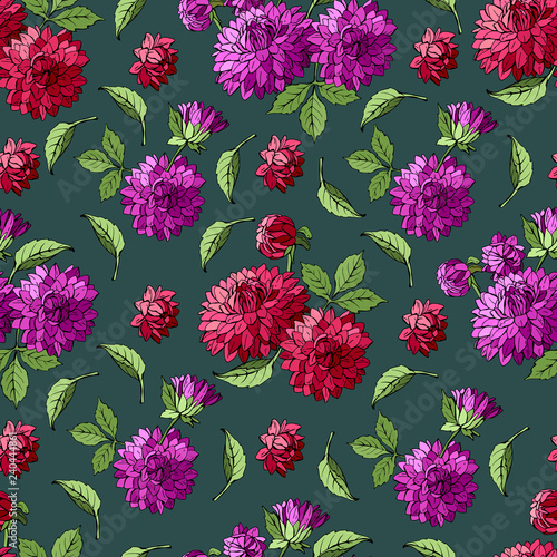 Fototapeta Naklejka Na Ścianę i Meble -  Colorful bright hand drawn seamless pattern with bouquets dahlias garden flowers. vector