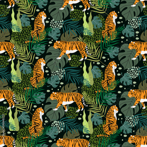 Seamless pattern with tigers and tropical leaves. Trendy style. Vector