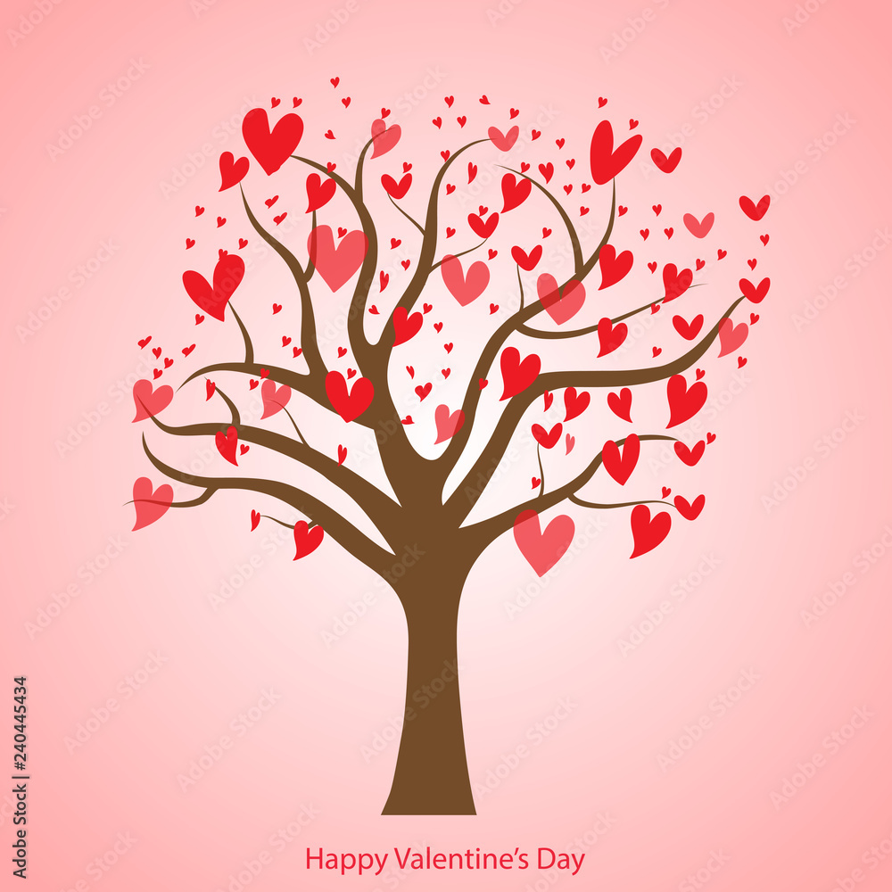 Fototapeta premium Be my Valentine card with tree and red hearts. Vector.