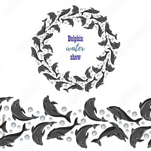 Set with frame of dolphins and seamless brush with them isolated on white background , vector
