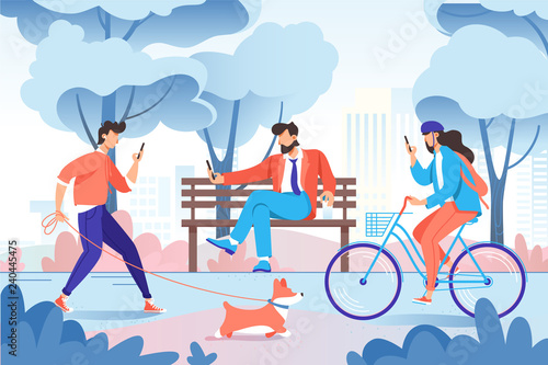 City park with relax people with cellphone, dog on bench, bicycle.
