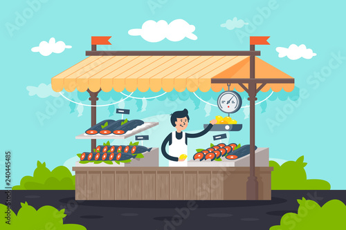 Flat street fish stall with seafood, lemon, green and seller man.