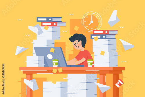 Flat stressful busy young man workload at work.