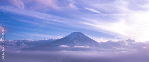 Mountain Fuji in sea of mist or fog at sunrise with cloudy sky, Fujikawaguchiko, Yamanashi, Japan.