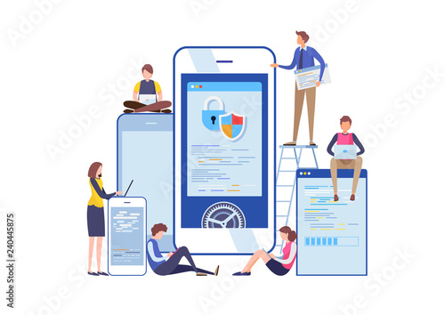 Programmer's working with smartphone application. Flat cartoon miniature  illustration vector graphic on white background.
