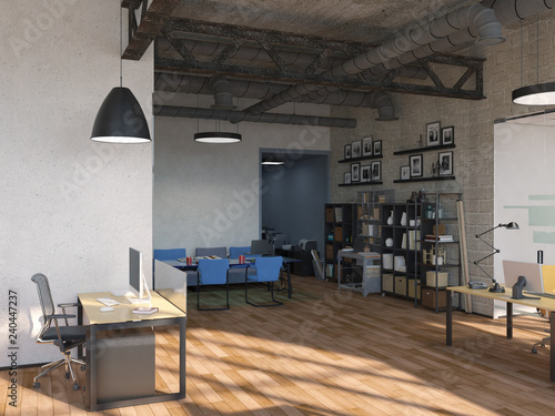 Side view of contemporary conference room with city view and daylight. 3D Rendering