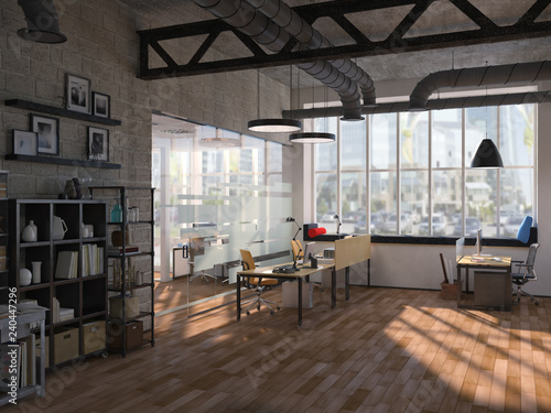 Side view of contemporary conference room with city view and daylight. 3D Rendering