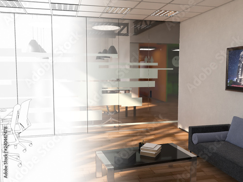 Unfinished project of country style coworking office interior. 3D Rendering