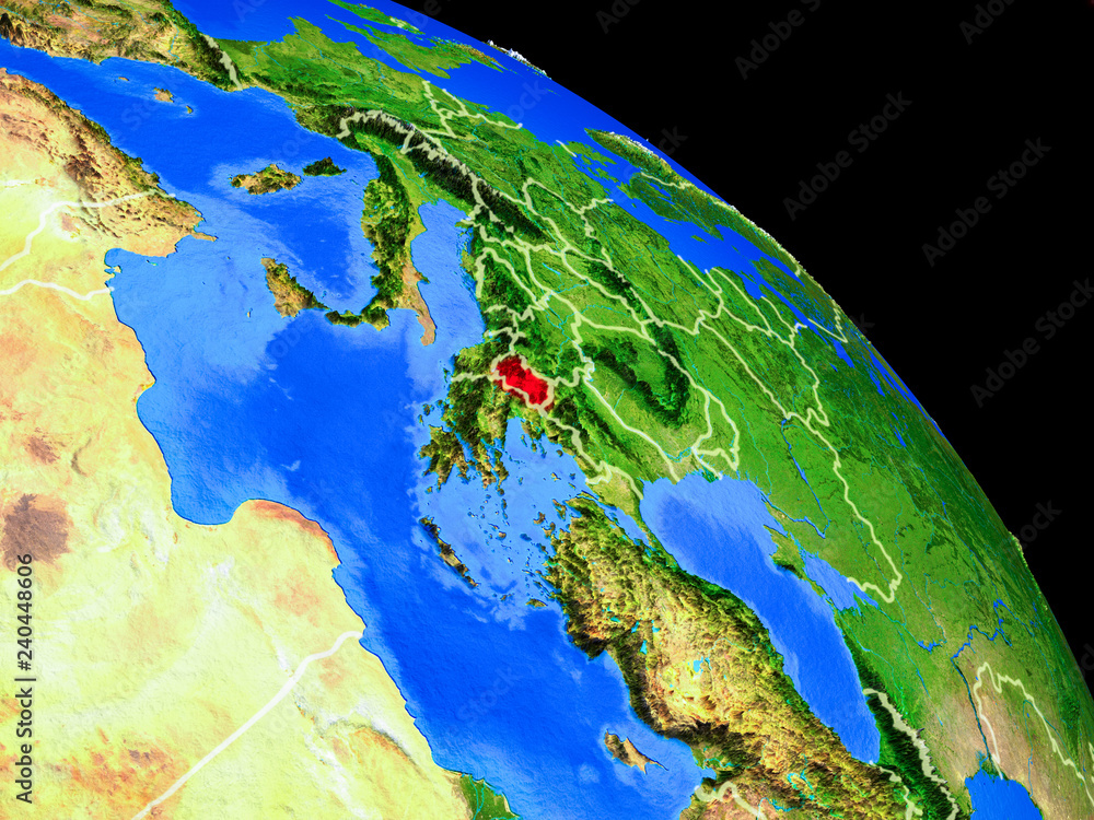 Macedonia on planet Earth from space with country borders. Very fine detail of planet surface.
