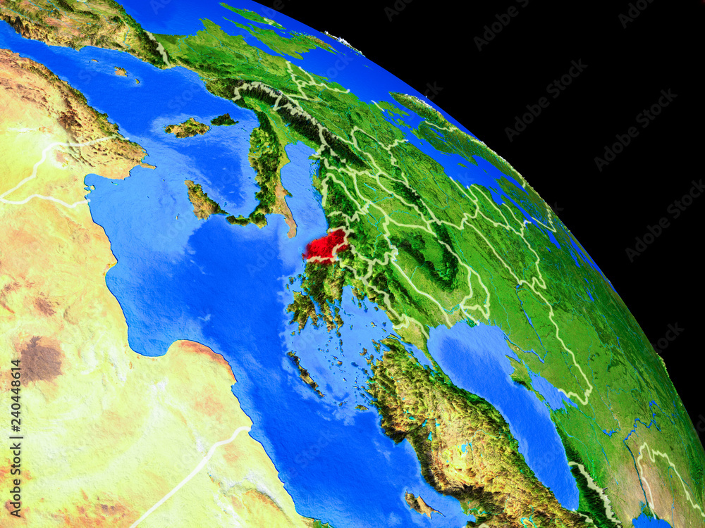 Albania on planet Earth from space with country borders. Very fine detail of planet surface.