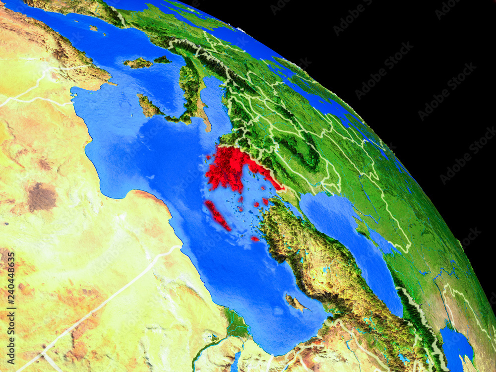Greece on planet Earth from space with country borders. Very fine detail of planet surface.