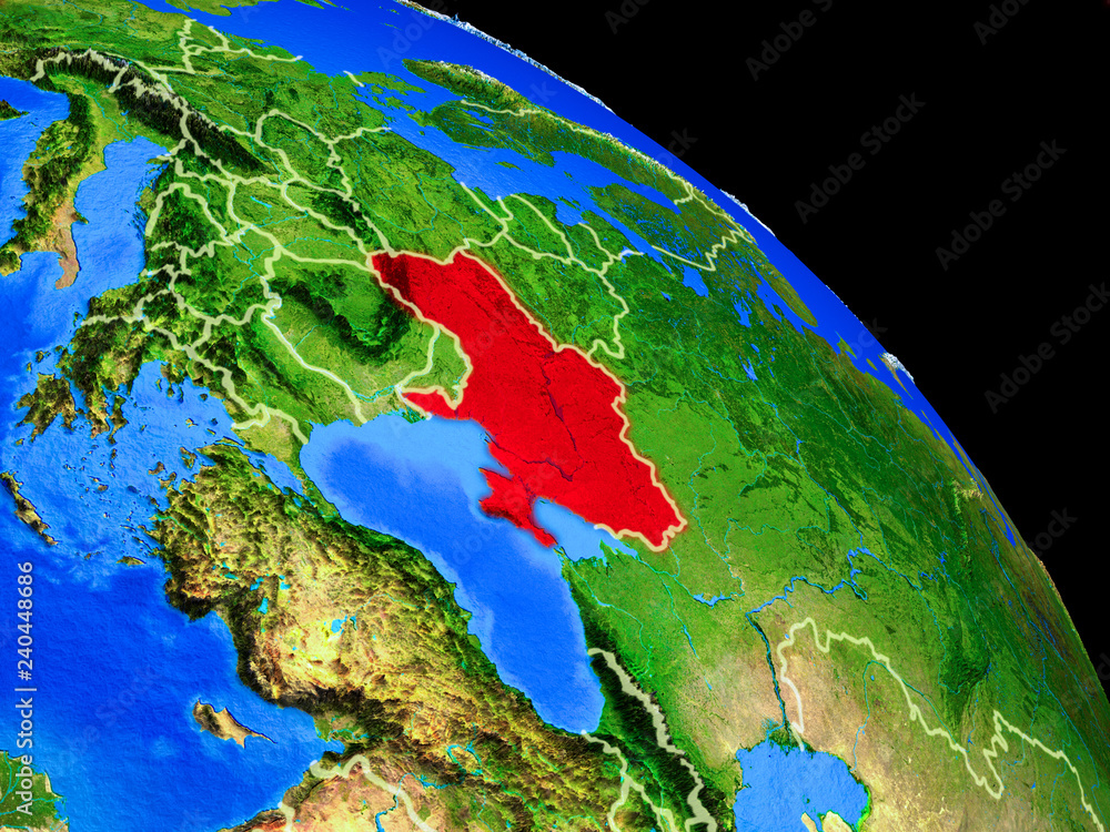 Ukraine on planet Earth from space with country borders. Very fine detail of planet surface.