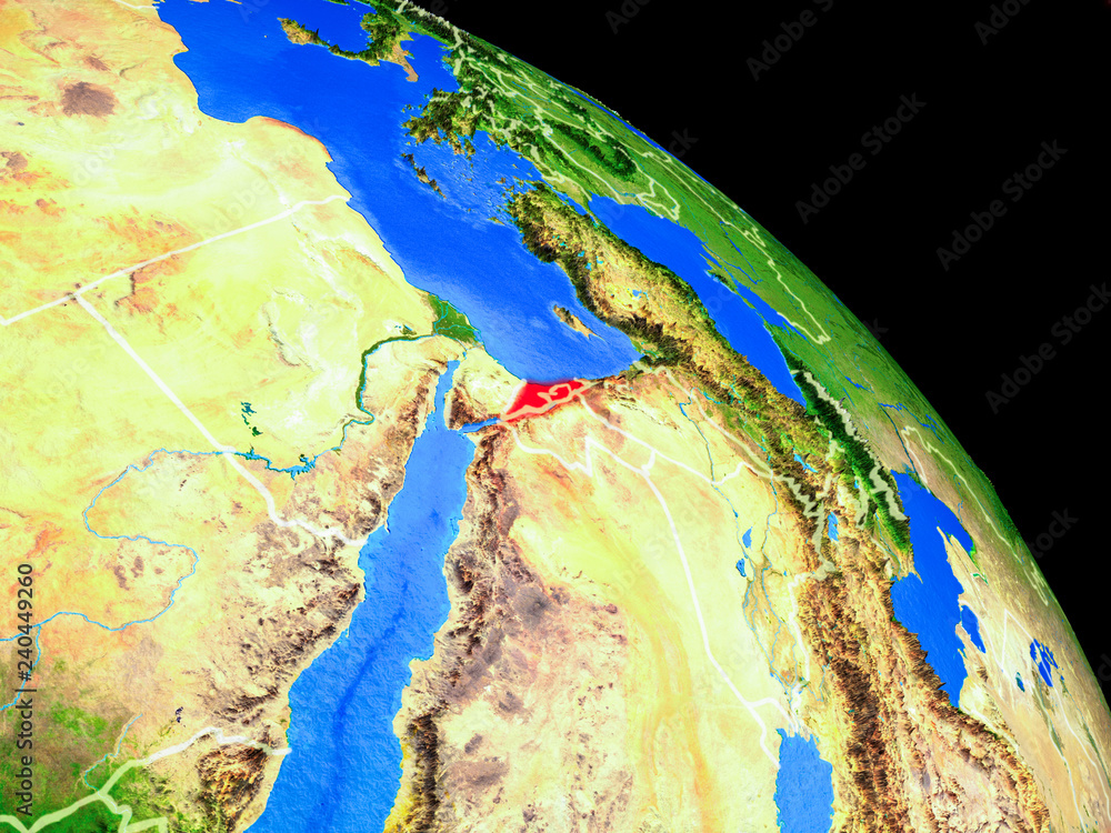 Israel on planet Earth from space with country borders. Very fine detail of planet surface.