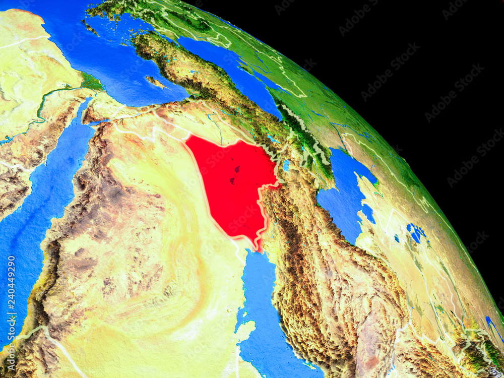 Iraq on planet Earth from space with country borders. Very fine detail of planet surface.