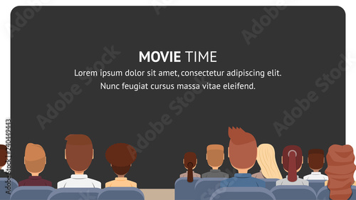 Vector Group People Sitting in Cinema. Movie Time