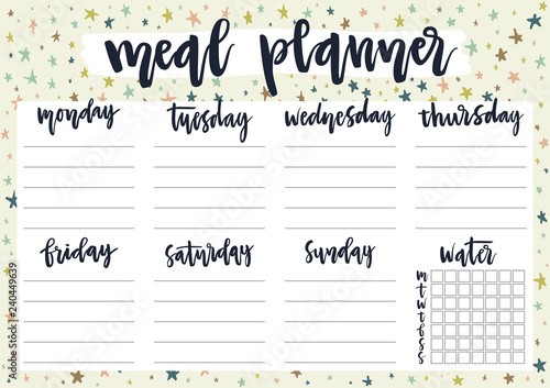 Cute A4 template for weekly and daily meal planner with lettering on pastel background with stars. Organizer and water check list. Self-organization concept for 2019 year with graphic design elements.