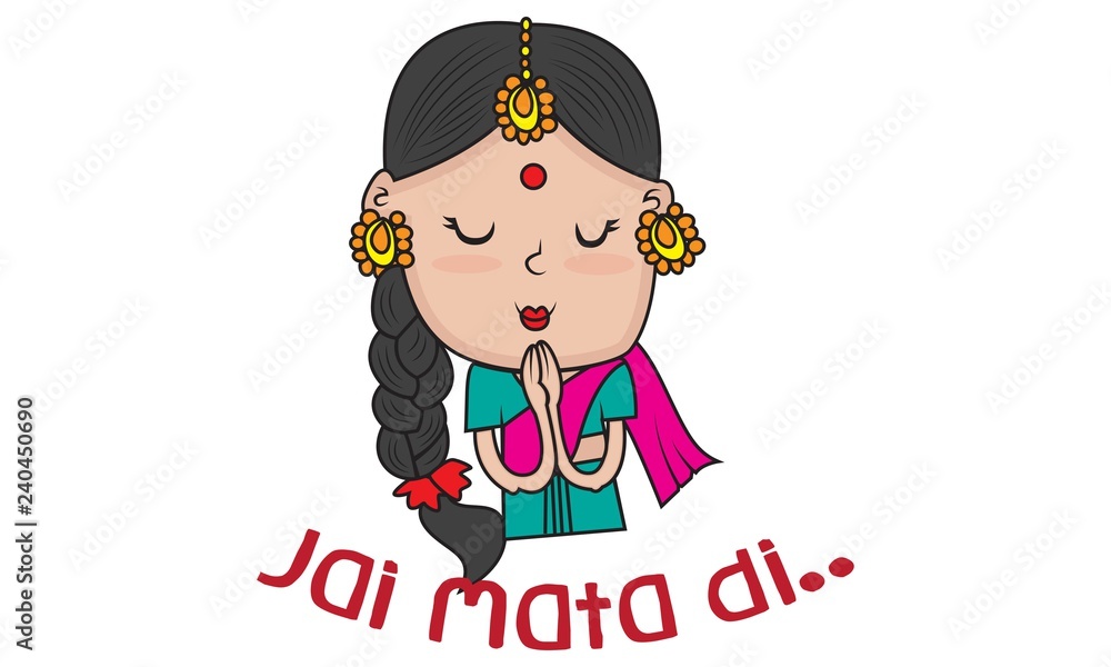 Vector cartoon illustration of cute girl saying jai mata di . Isolated on  white background. Stock Vector | Adobe Stock
