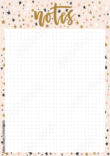 Cute A4 template for notes with lettering and decorative pastel background with stars. Vector print ready organizer and schedule with doted page. Trendy self-organization concept illustration for 2019
