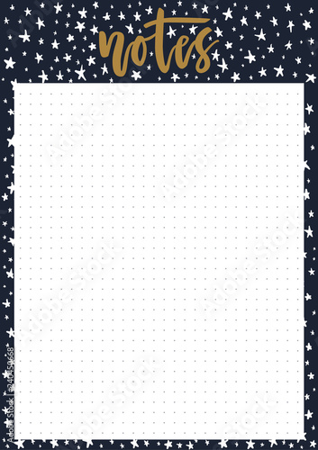 Cute A4 template for notes with lettering and decorative dark background with stars. Vector print ready organizer and schedule with doted page. Trendy self-organization concept illustration for 2019.