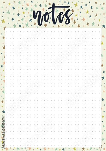 Cute A4 template for notes with lettering and decorative pastel background with stars. Vector print ready organizer and schedule with doted page. Trendy self-organization concept illustration for 2019