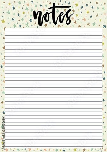 Cute A4 template for notes with lettering and decorative pastel background with stars. Vector print ready organizer and schedule with lined page. Trendy self-organization concept illustration for 2019
