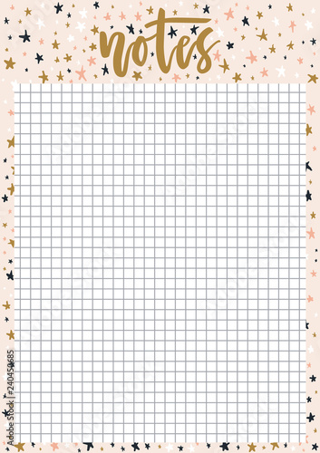 Cute A4 template for notes with lettering on pastel background with stars. Vector print ready organizer and schedule with squared page. Trendy self-organization concept illustration for 2019 year.
