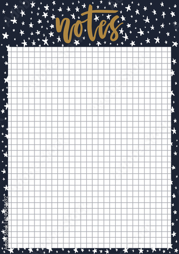 Cute A4 template for notes with lettering and decorative dark background with stars. Vector print ready organizer and schedule with squared page. Trendy self-organization concept illustration for 2019