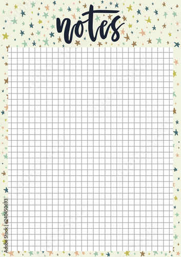 Cute A4 template for notes with lettering on pastel background with stars. Vector print ready organizer and schedule with squared page. Trendy self-organization concept illustration for 2019 year.