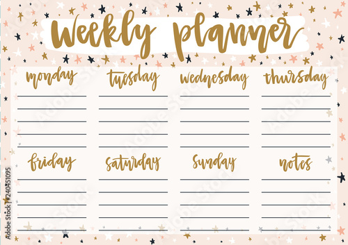 Cute weekly planner for 2019 year on pastel background with stars. A4 print ready template for weekly and daily planner with lettering. Organizer and schedule with notes. Self-organization concept.