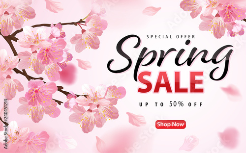 Enjoy spring sale with blooming beautiful cherry blossoms or sakura flowers background template. Vector set of exotic tropical garden for web design, voucher, brochures and banners design.