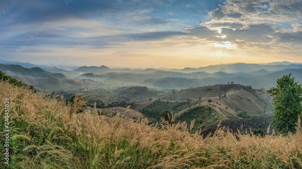 sunrise at Doi Mae Salong, mountain view misty morning of the hilsl and mountains around with soft mist with colorful yellow sun light in the sky background, Chiang Rai, northern of Thailand.