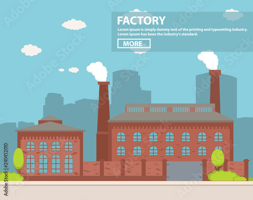 Old industrial factory with a pipe a city silhouette flat vector.Industrial production.Manufacturing engineering brick building.Production structure at the road with a brick fence and gate.Plant