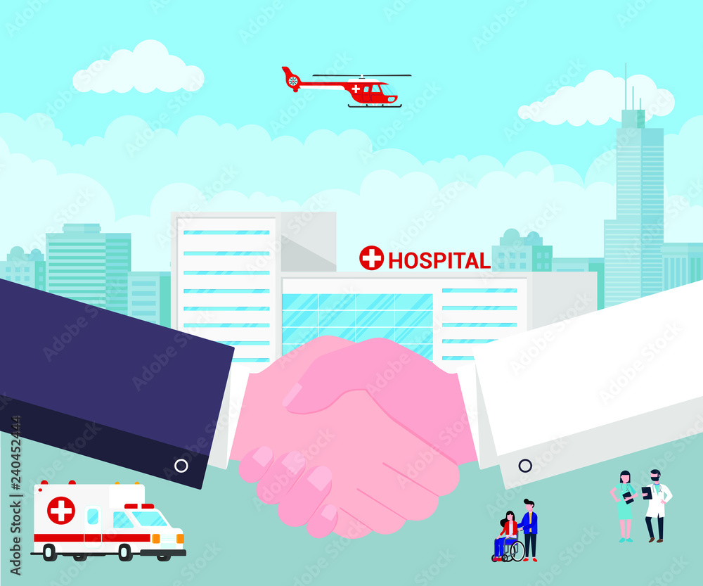 Handshake between doctor and patient behind hospital building, doctor ...