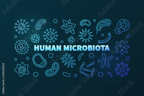 Human microbiota blue vector concept horizontal illustration in outline style on dark background