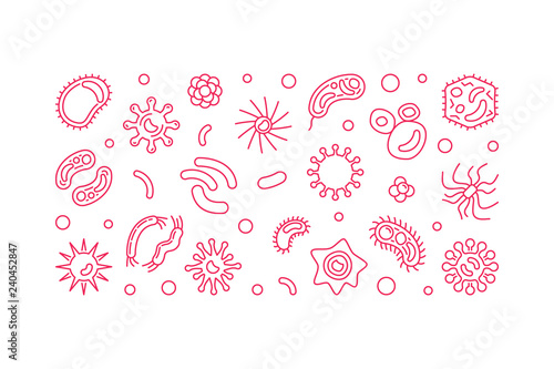 Virology horizontal lienar banner. Vector microbiology minimal red illustration made with microbes and viruses outline icons on white background