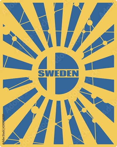 Sweden national flag on sunburst background. Card template for national holiday celebration. Blue and yellow rays textured by lines with dots.