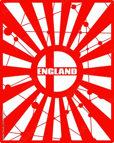 England national flag on sunburst background. Card template for national holiday celebration. Red and white rays textured by lines with dots.